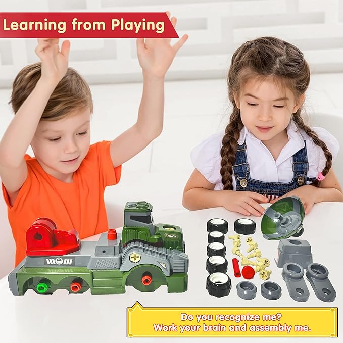 11inches Large Take Apart Trucks Army Toys for Boys Girls Kids 3-10 Year Old Radar Trucks Toys with Electric Drill Assembly Toy