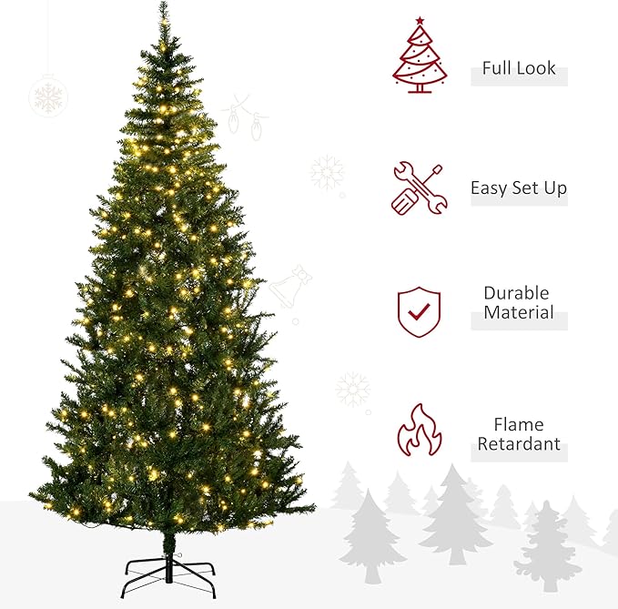 HOMCOM 7.5ft Tall Pre-lit Pine Artificial Christmas Tree with Realistic Branches, 450 Warm White LED Lights and 1146 Tips