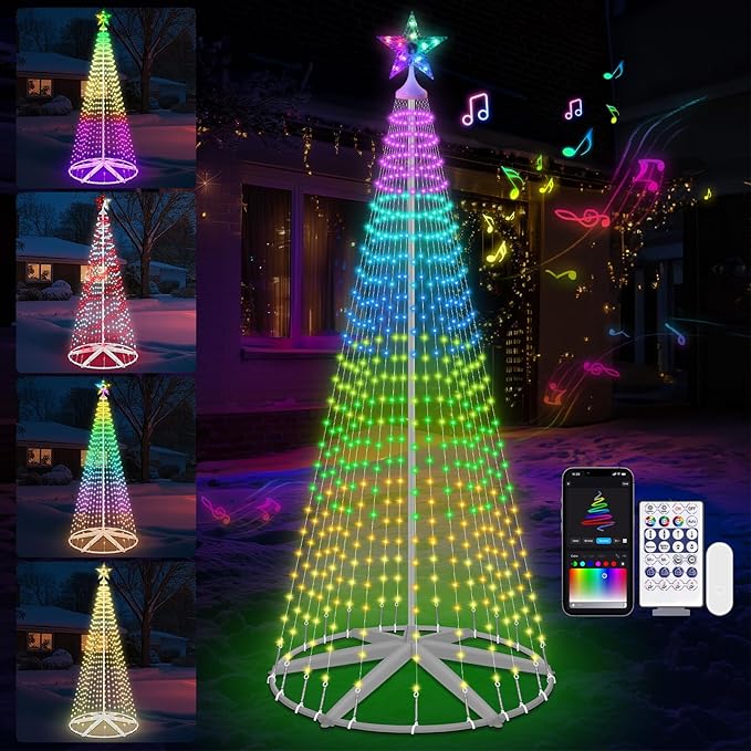 9.5FT Lighted Outdoor Christmas Tree Smart App Control, RGB Chirstmas Cone Tree Lights Music Sync, DIY Prelit Christmas Tree Lightshow, Magical Xmas String Lights Timer Remote for Indoor Outdoor Decor