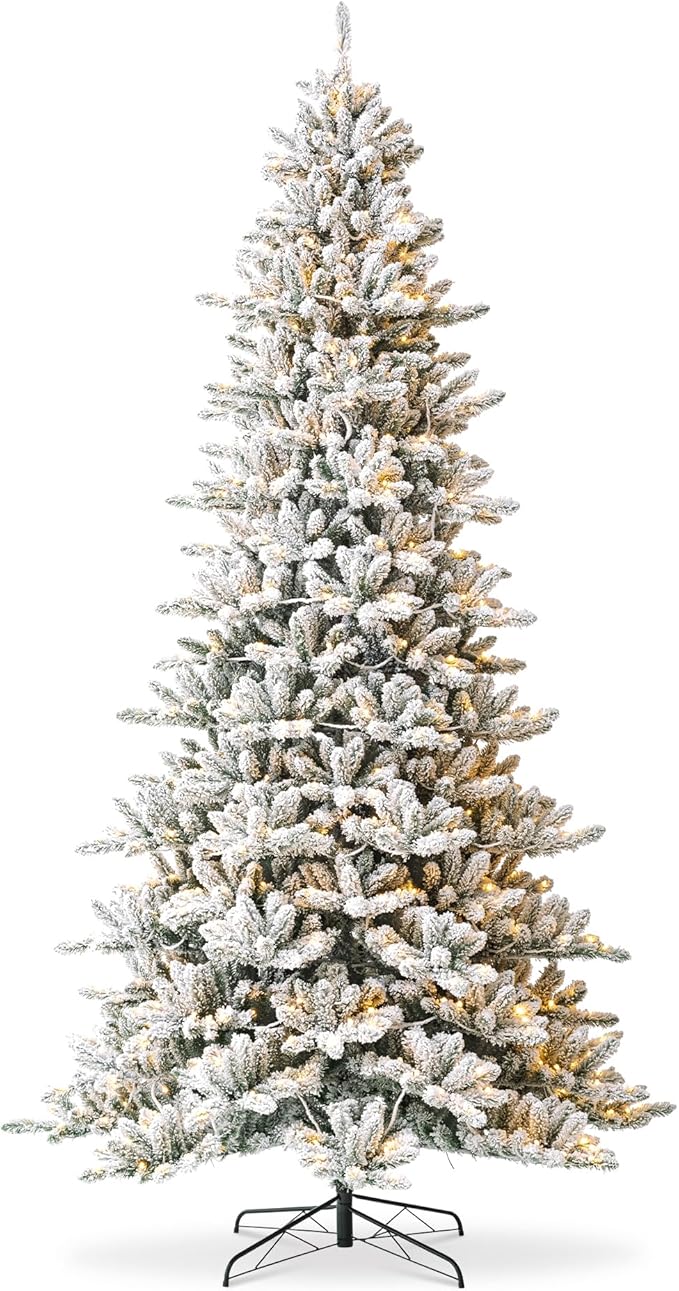 Glitzhome 10ft Pre-Lit Flocked Fir Artificial Christmas Tree with 750 Warm White Lights, Full Size Large Xmas Tree for Holiday New Year Party Home Decor