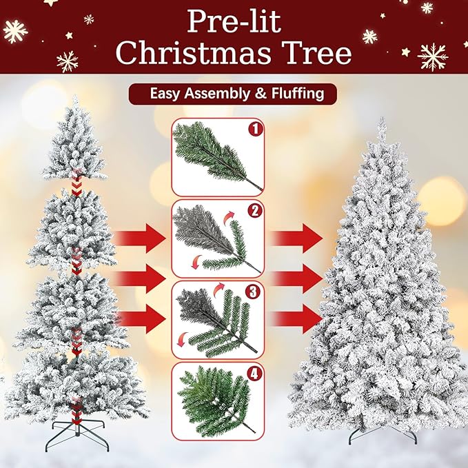 9ft Unlit Snow Flocked Christmas Tree, Artificial Christmas Tree with 1910 Branch Tips, Premium Spruce Full Xmas Tree for Easy Holiday Setup, Foldable Metal Base