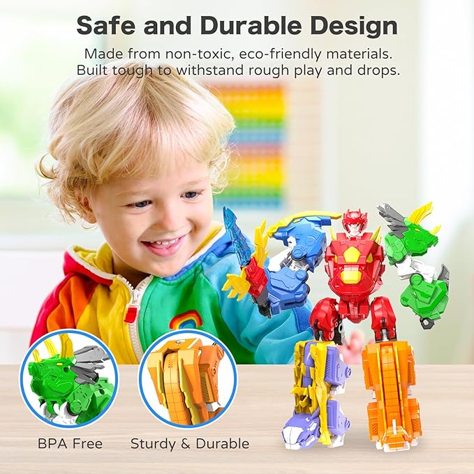 6+ Kids 5-in-1 Dinosaur Transforming Robot Toy - Safe, Durable, Easy Assembly | Educational Gift for Boys & Girls - Build & Combine into Mega Robot with Weapon