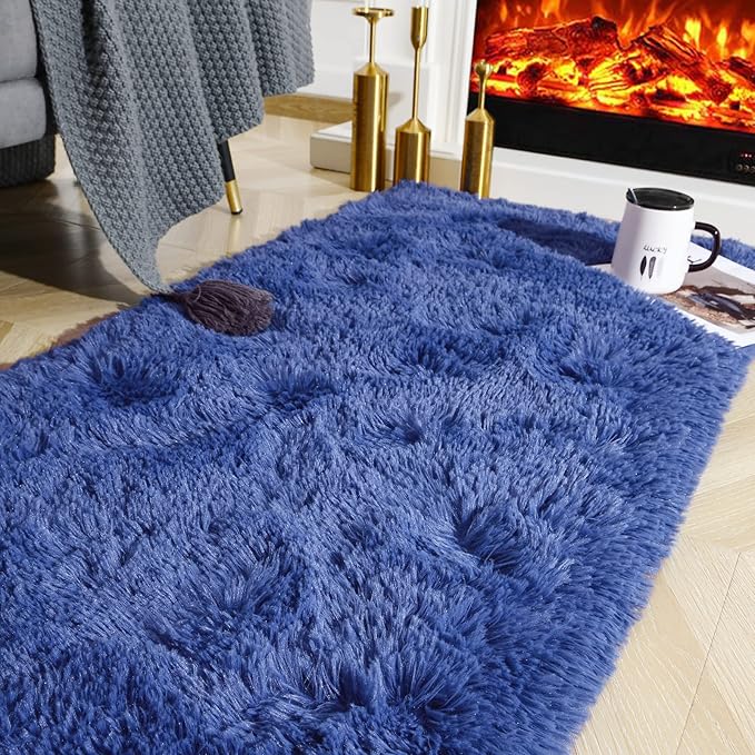 Ompaa Fluffy Runner Rugs, 2x6 Feet Navy Blue, Super Soft Shaggy Carpet Fuzzy Long Fur Rug for Bedroom Living Room Dorm, Plush Kids Playroom Baby Girls Nursery Decor Mats
