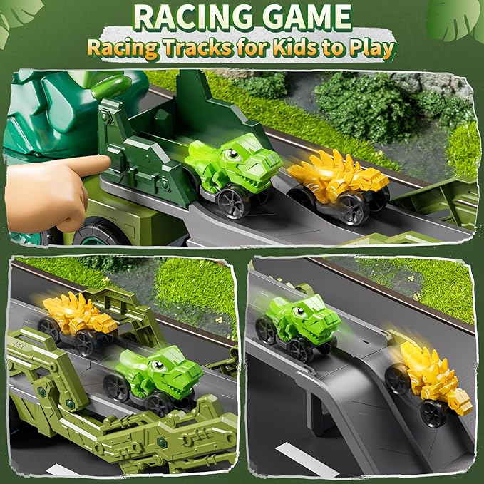 10 in 1 Dinosaur Truck Toys for Kids Aged 3-5 4-8 with Foldable Race Track, Carrier Truck with 9 Dinosaur Toy Cars for Boys, Spraying, Light and Sound, Birthday Gifts for Girls Toddlers 5-7