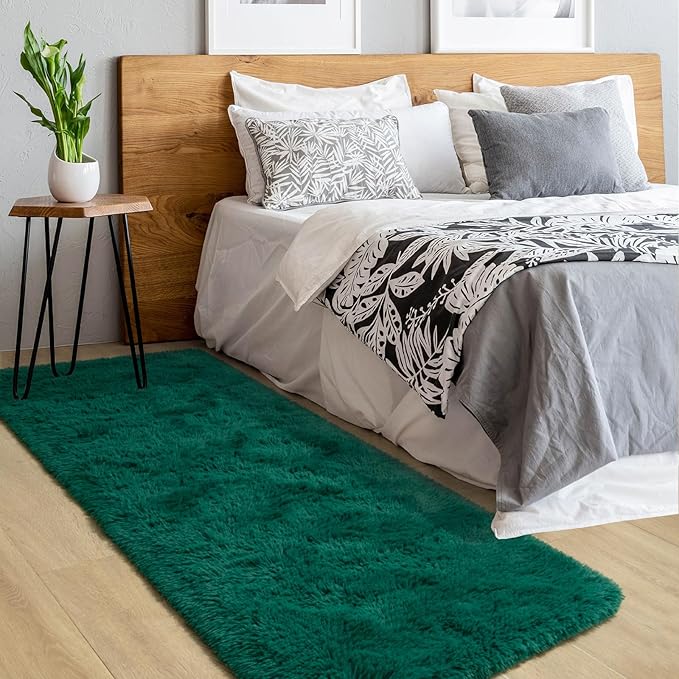 2x6 Dark Green Fluffy Bedside Runner Rug Machine Washable, Shag Throw Bedroom Rugs Non Slip, Hallway Small Area Long Plush Carpet for Nursery, Kid Boy Girl Room