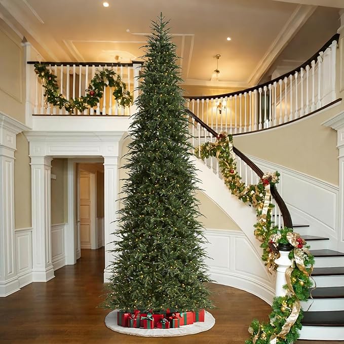 Glitzhome 15ft Prelit Christmas Tree, Hinged Slim Artificial Christmas Tree, Radiant Evergreen Fir with 1500 Warm White/Multi-Color LED Lights,9 Function,w/Remote Control,Easy Assembly