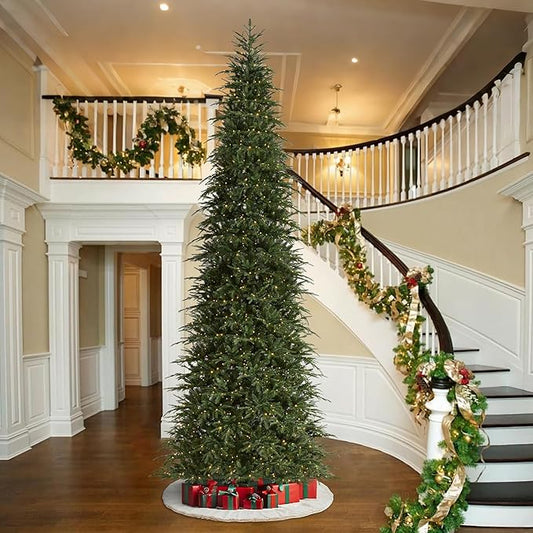 Glitzhome 15ft Prelit Christmas Tree, Hinged Slim Artificial Christmas Tree, Radiant Evergreen Fir with 1500 Warm White/Multi-Color LED Lights,9 Function,w/Remote Control,Easy Assembly