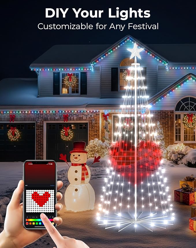 8FT Outdoor Christmas Tree Decorations Smart App Control, DIY Patterns Prelit Multicolor Outdoor Christmas Tree Light Show, Waterproof Magical String Lights with Remote Music Timer for Yard