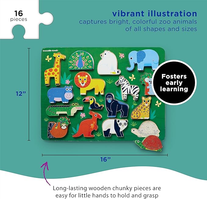Crocodile Creek Wood Puzzle and Playset, 16 Chunky Wooden Pieces Stand-Up with Play Scene on The Back, for Ages 2+, Zoo Animals