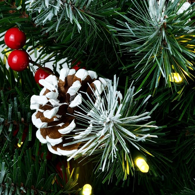 YULETIME 6.5ft Pre-Lit Christmas Tree, Snowy Artificial Holiday Decorative Tree with UL Listed 300 Warm White LED Christmas Lights, Pinecones, Red Berries (6.5' Snowy Warm White)