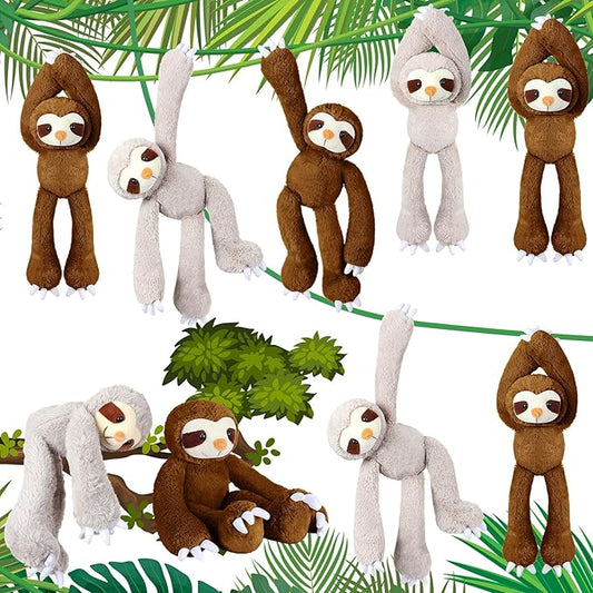 8 Pcs Hanging Sloth Stuffed Animal 18 Inch Three Toed Sloth Plush Toy with Hook and Loop Hands Hanging Sloth Toy for Boy Girl (Dark Brown, Gray)
