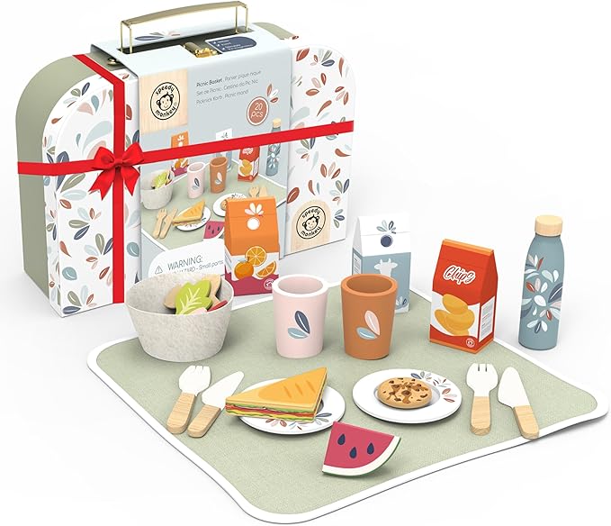 SPEEDY MONKEY Wooden Picnic Basket Playset – FSC Certified Pretend Play Food & Fruit Toy for Toddlers & Preschoolers, Outdoor Picnic Travel Adventure, Kitchen Role Play Set for Boys & Girls