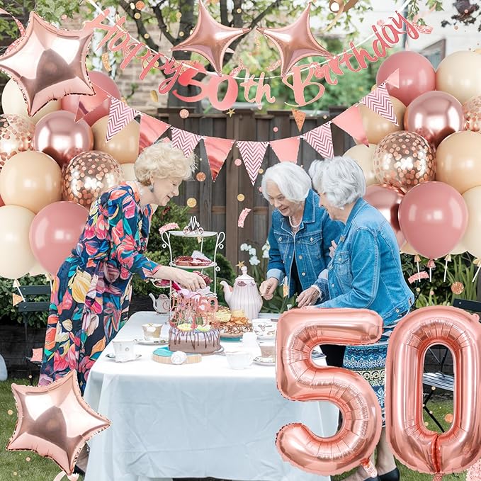 50th Birthday Decorations for Women, Retro Pink Beige Number 50 Balloon Set Happy 50th Birthday Banner Cake Topper Dusty Pink Beige Rosegold Star Balloons for Her 50 Year Old Bday Party Decor
