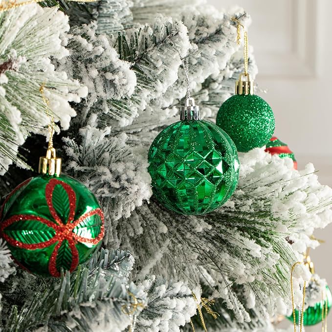 100Pcs Christmas Ball Ornaments Set, Shatterproof Plastic Red and Green Christmas Ornaments for Xmas Tree, Assorted Baubles Hanging Decorations for Holiday/Party/Wedding