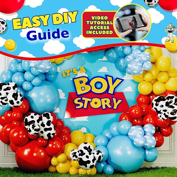 ALL-IN-1 Toy Story Balloons Arch Kit for It's A Boy Story Baby Shower Decorations Theme – Toy Story Balloon Garland Kit with Cloud & Cow Toy Story Balloons for First Toy Story Birthday Party Supplies