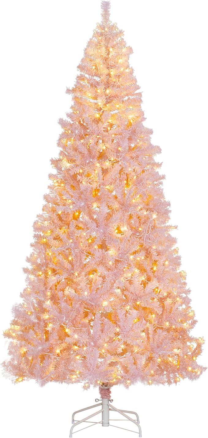 HOMCOM 7.5' Tall Prelit Christmas Tree Douglas Fir Artificial Christmas Tree with Realistic Branches, 500 Warm White LED Lights and 1346 Tips, Pink