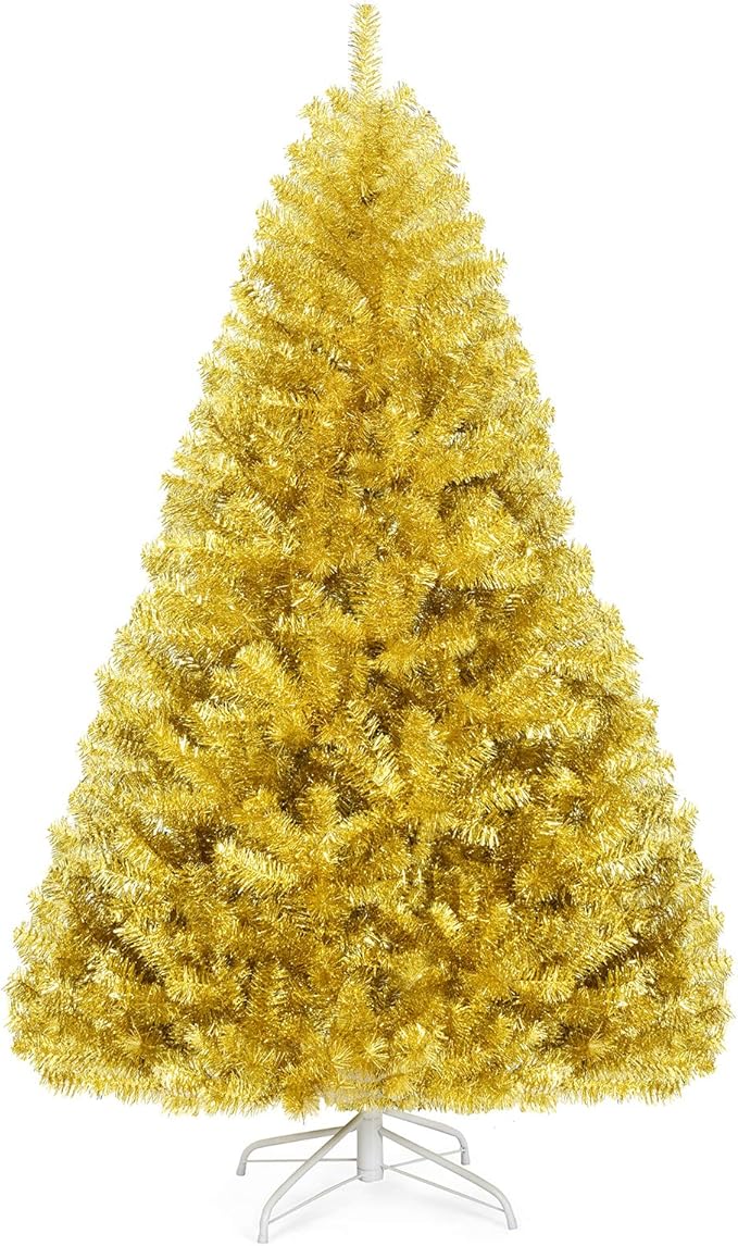 GOFLAME 6 FT Christmas Tree, 1036 Branch Tips, Artificial Tinsel Christmas Tree with Metal Stand, Artificial Hinged Christmas Tree for Indoor and Outdoor Holiday Decoration, Champagne Gold