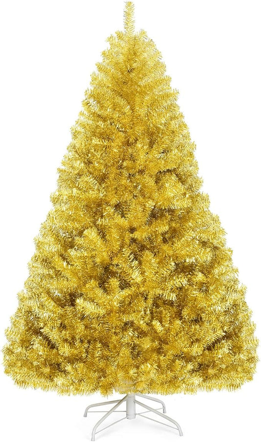 GOFLAME 6 FT Christmas Tree, 1036 Branch Tips, Artificial Tinsel Christmas Tree with Metal Stand, Artificial Hinged Christmas Tree for Indoor and Outdoor Holiday Decoration, Champagne Gold