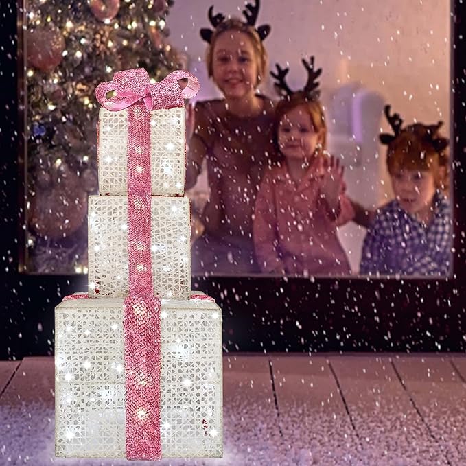 Lighted Gift Boxes Set of 3, Pink Christmas Décor Gift Boxes, Prelit 60 White Lights Present Box Lighted Display with Plug for Home Porch Outdoor Yard Valentines Day Pink Christmas Decorations