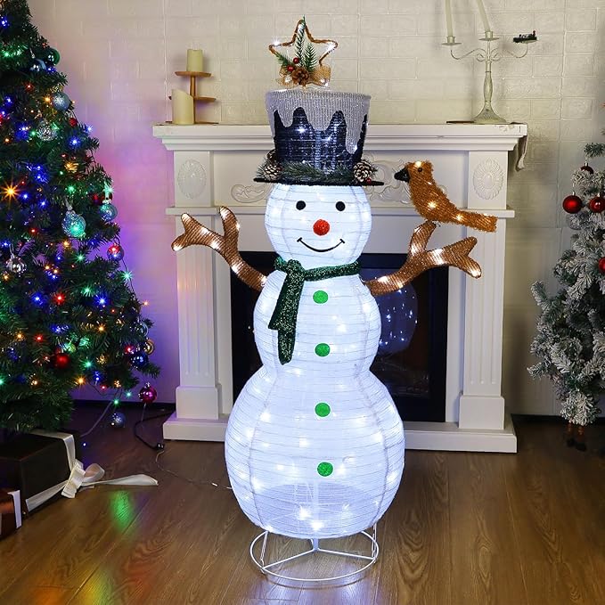 Hausse Lighted Christmas Snowman Decorations, 4.5FT Outdoor Pre-Lit White Collapsible Snowmen with Built-in Lights, Light Up Pop Up Xmas Yard Display, Plug in for Holiday New Year Winter Garden Yard