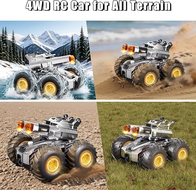 Waterproof Monster Truck Toy 4WD All-Terrain RC Cars, Amphibious Remote Control Car with Water Gun, Remote Control Boat Toys Gesture Sensing Rc Stunt Car, Birthday Gifts for Boys Age 8 9 10 11 12 Yrs