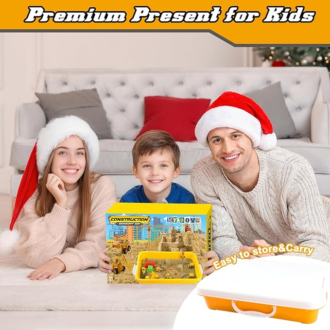 Sand Construction Site Kit - Play Sand Art Kit with 7 Construction Truck, 2lbs magic sand, Castle Molds, Crane, construction sensory bin for Preschool Learning Activities Gifts for Boys Girls Age 3+