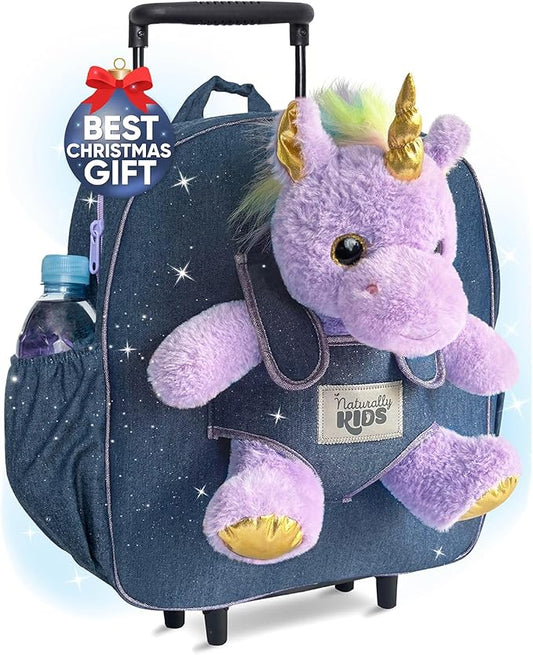 Toddler Luggage for Girls w Unicorn Toys, Kids Rolling Backpack for Girls, Toddler Suitcase, Gifts for 3 4 5 6 Year Old