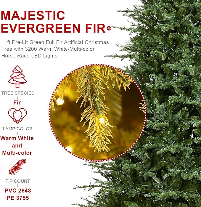 Glitzhome Artificial Christmas Tree, 11ft Prelit Hinged Holiday Tree Majestic Evergreen Fir Xmas Tree with 3200 Warm White/Multi-color Horse Race LED Lights, 9 Function w/Foot Pedal and Remote Control
