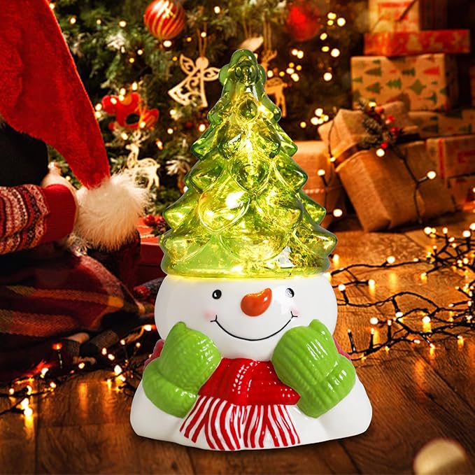 Small Ceramic Christmas Tree Hand-Painted Vintage Tabletop Christmas Tree Holiday Decoration with Multi-Color Lights Green Xmas Trees Snowmen 8.75inch