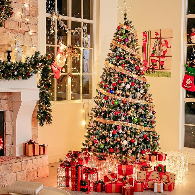 Hykolity 6 ft Prelit Christmas Tree with 250 LED Warm White Lights, Partially Snow Flocked Artificial Tree, 1032 PVC Branches, Metal Stand and Hinged Branches, Holiday Decoration for Home