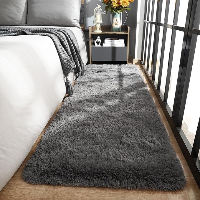 Ompaa Fluffy Runner Rugs, Super Soft Shaggy Carpet Fuzzy Long Fur Rug for Bedroom Living Room Dorm, Plush Kids Playroom Baby Girls Nursery Decor Mats, 2x6 Feet Dark Gray