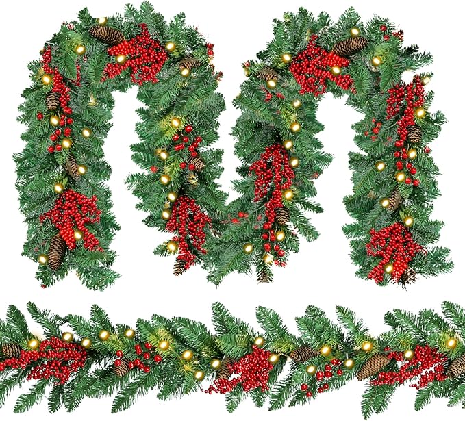 Christmas Garland Lighted Indoor Outdoor Decorations Artificial Christmas Garlands with Light Mantel Pine Cone Red Berries for Door Porch Holiday Party Outdoor Indoor Xmas Decor 6FT