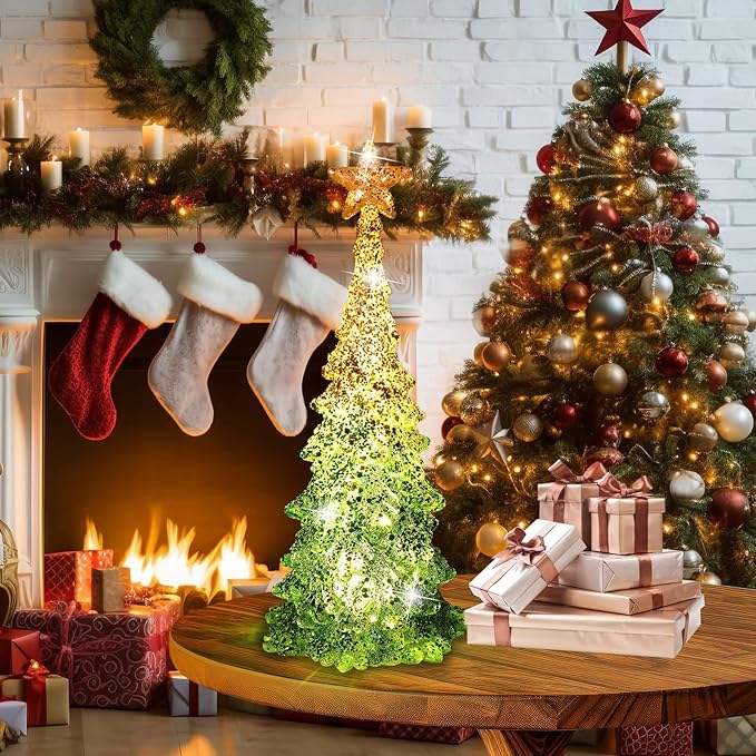 11 Inch Tabletop Christmas Tree with Sparkling Glitter - Battery Operated Acrylic Lighted Christmas Tree for Home Office Fireplace Christmas Holiday Decoration Festive Decor Gift, White Glow