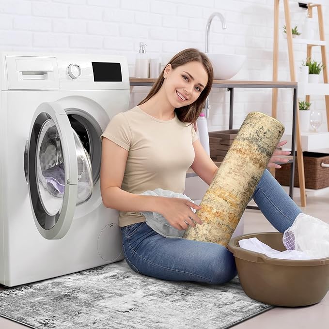 Ompaa Living Room Rug 6x9 Beige Area Rug Machine Washable Boho Rug Non Slip Abstract Vintage Indoor Large Rugs for Bedroom, Classroom, College Dorm, Farmhouse, Dining Room, Kids Playroom