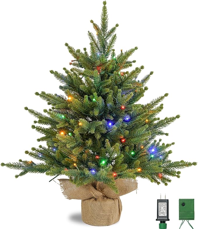 Prelighted Mini Christmas Tree 2 Ft with 70 LED Warm & Multi-Color Light, Artificial Small Xmas Tree 24 inch Tabletop Tree Christmas Decoration for Bedroom Fireplace Mantel