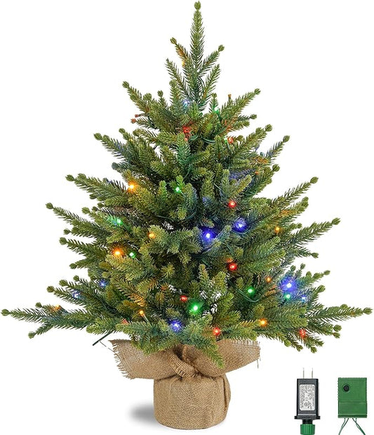 Prelighted Mini Christmas Tree 2 Ft with 70 LED Warm & Multi-Color Light, Artificial Small Xmas Tree 24 inch Tabletop Tree Christmas Decoration for Bedroom Fireplace Mantel