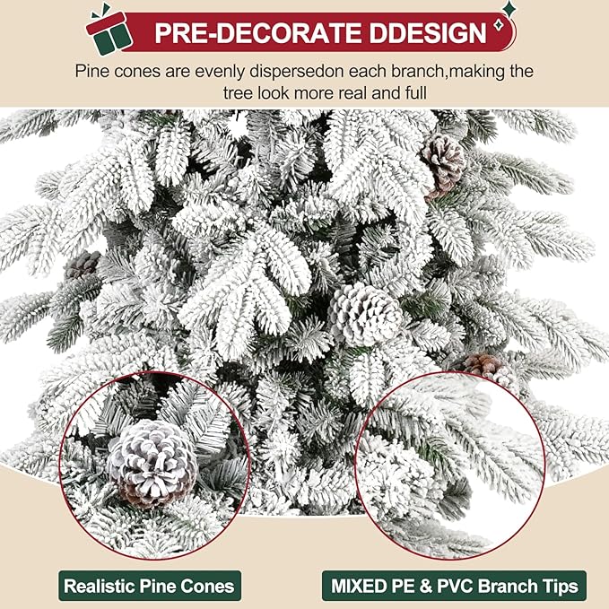 5 FT Snow Flocked Slim Fir Christmas Tree with 671 PE & PVC Mixed Branch Tips,Unlit Artificial Skinny Pencil Xmas Tree with 25 Pine Cones,Hinged Premium Xmas Trees for Home,Office,Party Decoration