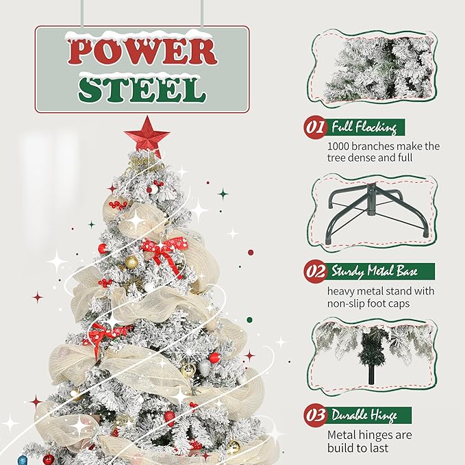 6FT Premium Artificial Christmas Tree, Snow Flocked Hinged Pine Tree w/1000+ Snowflake Branches, Solid Metal Stand for Holiday Decoration Indoor Outdoor Use