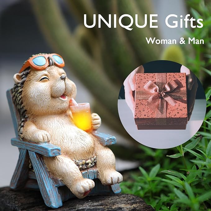 Hedgehog Statue Outdoor Solar Garden Decor for Outside Lawn Yard Patio, Home Office Fall Halloween Decorations Indoor Lights, Ideal Ornaments Birthday Gifts for Mom Women Grandma