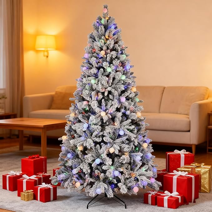 7.5 ft Prelit Flocked Christmas Tree with 400 Multi-Color Changing RGB LED Lights, Twinkle Artificial Christmas Tree with 1523 Tips