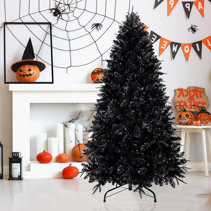 5ft Prelit Black Christmas Tree with 250 Lights, Artificial Fake Christmas Tree with 1076 PE&PVC Branch Tips, Halloween and Xmas Tree for Holiday Decorations, Metal Stand and Hinged Branches