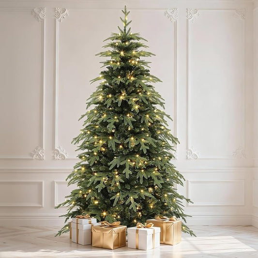 DWVO 6ft Prelit Christmas Tree with Lights, Full Downswept Artificial Fir Twinkle Christmas Tree with 1628 Metal Hinged Flame Resistant PE & PVC Branches and 300 Lights 11 Modes Remote Controlled