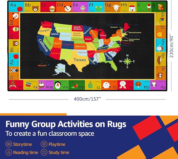 Map Classroom Rug 7'5"x13' United States Map Classroom Carpet Colorful Alphabet Educational USA Map Non Slip Black Playmat for Elementary, Nursery, Preschool, Kids Room, Study Room