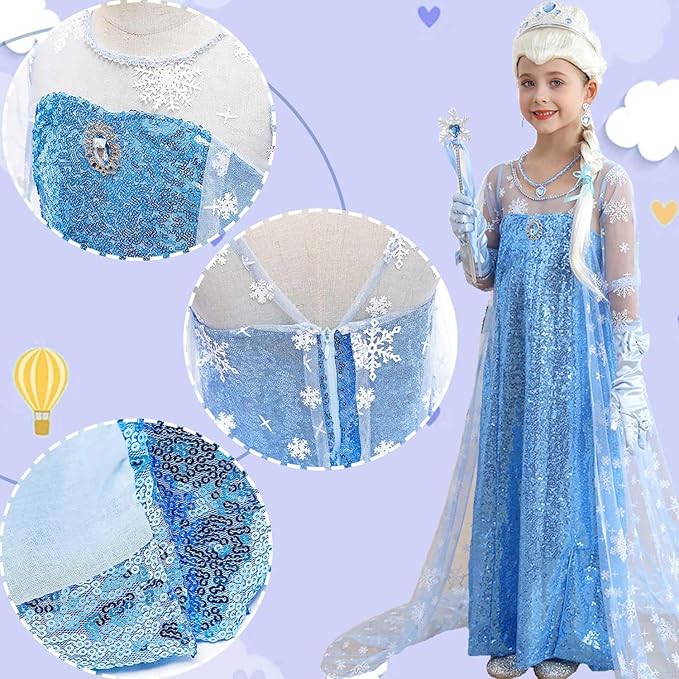 Princess Elsa Dress for Girls Kids Sequin Costume Halloween Birthday Party Dress Up With Accessories