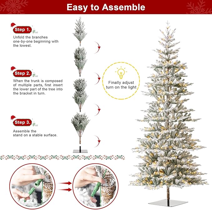 Glitzhome 10ft Prelit Christmas Tree, Artificial Flocked Christmas Tree with 2335 PE&PVC Branch Tips, Deluxe Majestic Frostfall Fir Holiday Tree w/700 Warm White Lights, Three Function, Easy Assembly