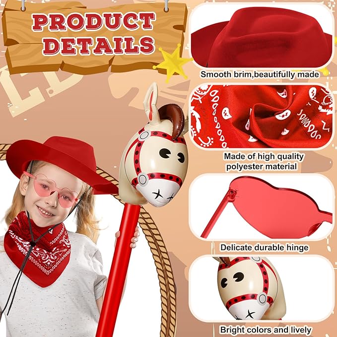 Xtinmee 48 Pcs Kids Cowboy Party Favor with Cowboy Hats Inflatable Stick Horses Bandanas Heart Glasses for Kid Costume(Red)