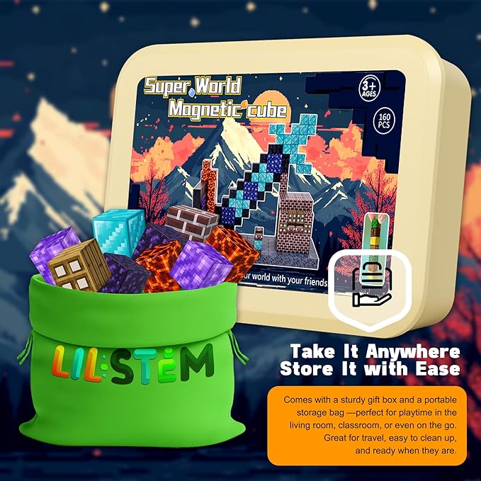 Magnetic Blocks 160PCS - Sword Theme Construction Cubes, STEM Preschool kit, Safe ABS no-Odor, CPC ASTM Certified, Travel-Ready Ages 3–12, Perfect for Birthday