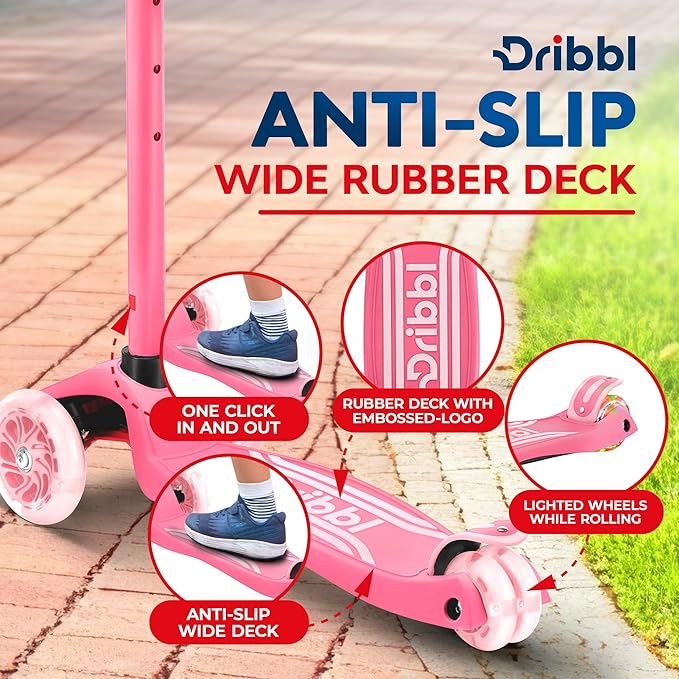 3-Wheel Kids Scooter - Lean-to-Steer Technology, Adjustable Height Handlebar, Wide Anti-Slip Deck, Scooter for Boys & Girls Ages 3+, Child Safety Approved, Support Riders Up to 165 lbs, Pink