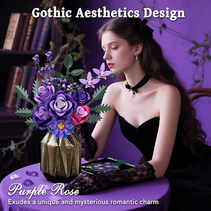 Purple Roses Flower Bouquet Building Sets, 834PCS Artificial Flowers Botanical Collection Compatible with Lego Flowers for Adults Gothic Decor, Gifts for Christmas Valentines Day