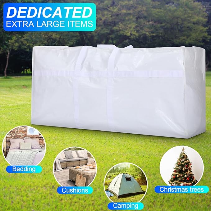 Windyun 4 Pack 57 Gallon Extra Large Storage Bags XXL Moving Bags with Zipper Handles Heavy Duty Jumbo Big Totes Box for Halloween Skeleton 4-12 Feet Christmas Tree Storage College Dorm Cloth (White)